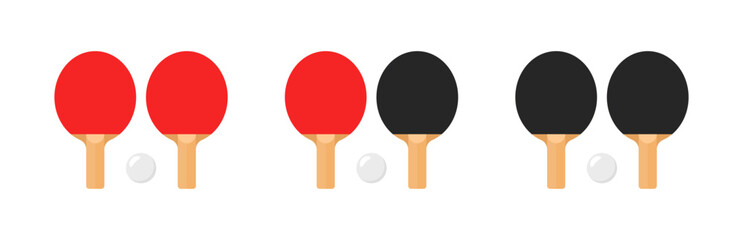 Red and black table tennis paddles with balls on white background. Vector icon