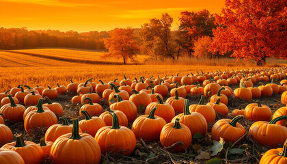 A beautiful pumpkin field in autumn with warm golden sunlight and orange pumpkins covering the landscape, creating a peaceful and seasonal countryside harvest scene.