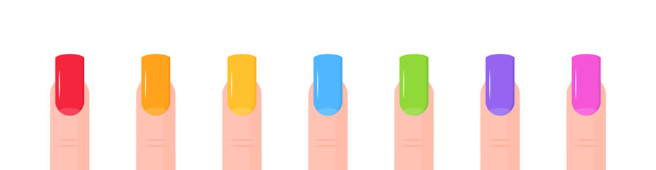 Colorful manicured nails in rainbow shades on white background. Vector icon