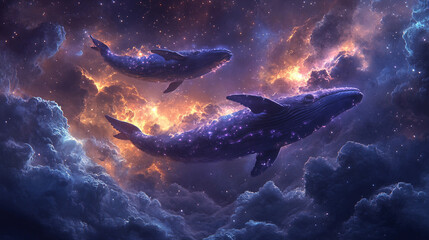 Fototapeta premium Surreal cosmic scene with floating whales in space, glowing stars, and purple nebula clouds