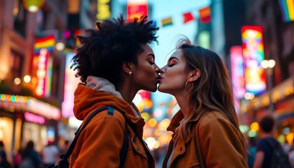Obraz premium Lesbian gay interracial couple kissing in vibrant city night landscape