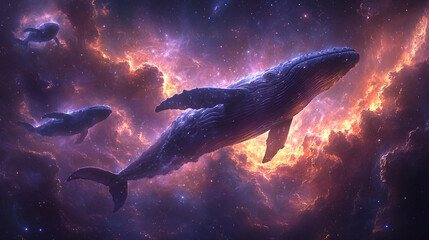 Fototapeta premium Surreal cosmic scene with floating whales in space, glowing stars, and purple nebula clouds