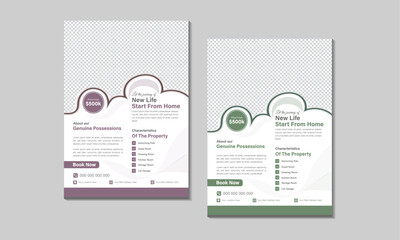 Real estate company flyer template design. Modern home sale poster with abstract geometric shape. Creative banner for housing or property business agency. Digital online marketing and promotion cover.