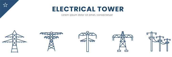 Naklejka premium Electrical Tower Icon Set . Plug, flash, high voltage, electricity . Vector Illustration