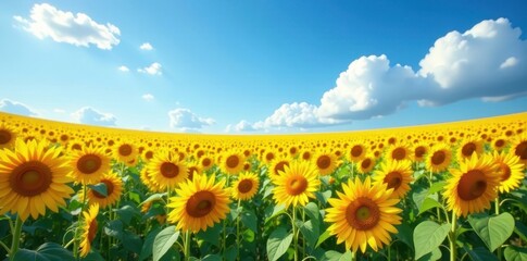 Fototapeta premium Vast sunflower field, blue sky, fluffy clouds, pattern, background