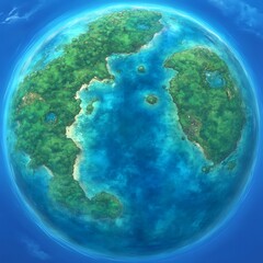 Fototapeta premium Lush Green Planet with Clear Blue Oceans and Diverse Tropical Islands from a Bird Eye View Perspective
