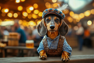 Dachshund in Bavarian costume at a festive event