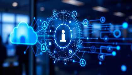 Obraz premium A high-tech digital cloud security concept with a glowing cloud and lock icon, symbolizing cybersecurity, data protection, encryption, and secure cloud storage in modern technology.