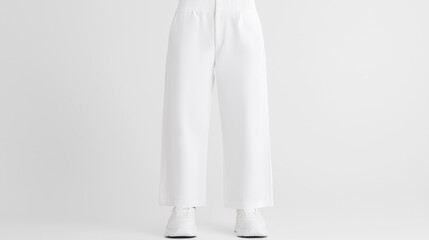 Woman wearing white wide-leg pants and sneakers.  Studio shot.  Fashionable clothing
