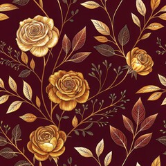 Golden Rose Floral Pattern: A luxurious and elegant seamless pattern featuring intricate golden roses blooming on delicate stems, intertwined with leaves against a rich burgundy background.