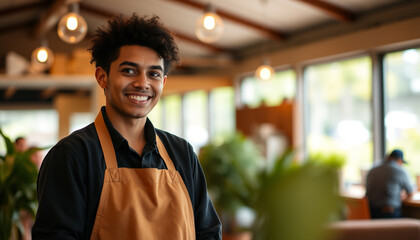 Fototapeta premium A young smiling barista in a modern caf�, standing confidently with a warm expression, representing hospitality, customer service, and passion for the coffee business.
