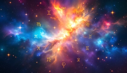 Cosmic Zodiac Nebula Background with Astrology Signs