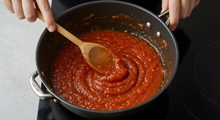 Stirring Rich Tomato Sauce in Pan with Wooden Spoon on Stove