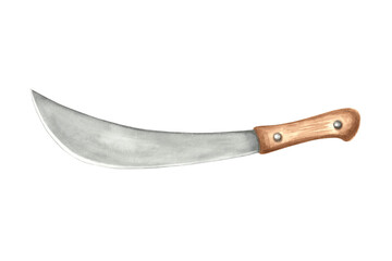 Knife for harvest sugar cane. Machete with wooden handle. Hand drawn watercolor illustration isolated. Sharp tool for handwork on plantations. Organic alcohol industry. Clip art for packaging, print.