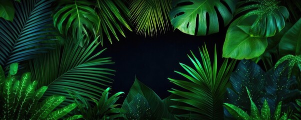 Glow forest idea. Lush green leaves frame a dark background, creating a vibrant natural atmosphere.