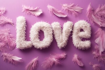 Fototapeta premium Fluffy white love sign surrounded by pink feathers on purple background