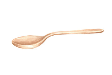 Wooden food spoon. Scoop for bulk food products. Hand drawn watercolor illustration isolated. Natural ecology kitchen utensil. Kitchenware, bakers tools for cooking. Clipart for cookbook, packaging.