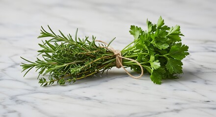 Fototapeta premium Fresh Herb Bundle Tied with String on Marble Surface for Cooking