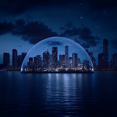 Obraz premium Metropolis Under Dome Shield Protection Safeguard against External Threats on the Water at Night