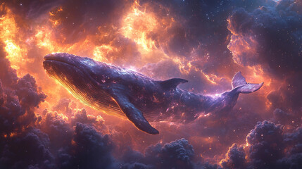 Fototapeta premium Surreal cosmic scene with floating whales in space, glowing stars, and purple nebula clouds