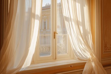 Serene Window View with Flowing Curtains and Warm Sunlight in an Elegant Interior Space