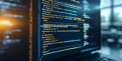 Computer Screen With Abstract Programming Code, Cybersecurity, Software Development Background