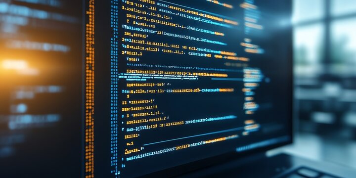Computer Screen With Abstract Programming Code, Cybersecurity, Software Development Background