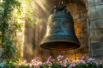 Fototapeta premium Majestic church bell with ornate designs surrounded by sunlight and pink flowers