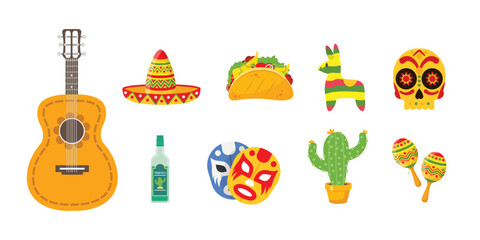 Fototapeta premium Mexico attributes set. Guitar, sombrero and taco. Traditional Mexican food and drink. Tequila, luchador masks and cactus. Ornate skull and maracas. Cartoon vector illustrations collection.