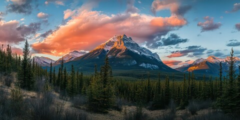 A breathtaking mountain view with a vibrant sunset illuminating the peaks.