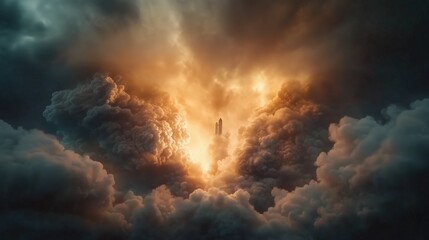Obraz premium Rocket launching through dramatic clouds with fiery glow. Innovation and space exploration in action.