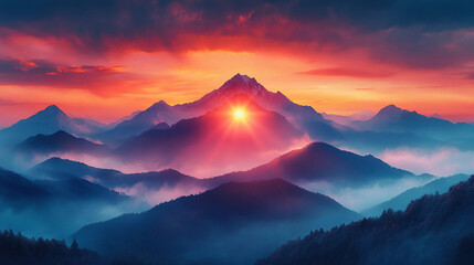 Obraz premium Majestic mountain landscape at sunrise, vivid colors, dreamy atmosphere, watercolor effect