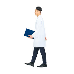 歩く白衣を着たミドル男性医師・科学者・研究者　クリッピングパスで精密に切り抜いた背景透過全身写真PNG