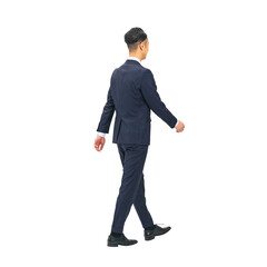 歩くミドル男性ビジネスパーソンの後ろ姿　クリッピングパスで精密に切り抜いた背景透過全身写真PNG