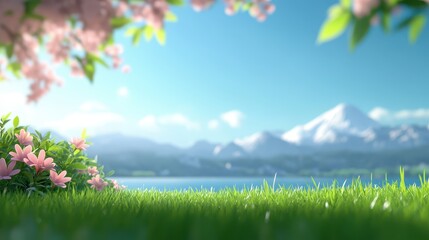 Fototapeta premium Blooming flowers frame a vibrant green lawn along a tranquil lake. Majestic mountains rise in the background under a bright blue sky, creating a peaceful atmosphere