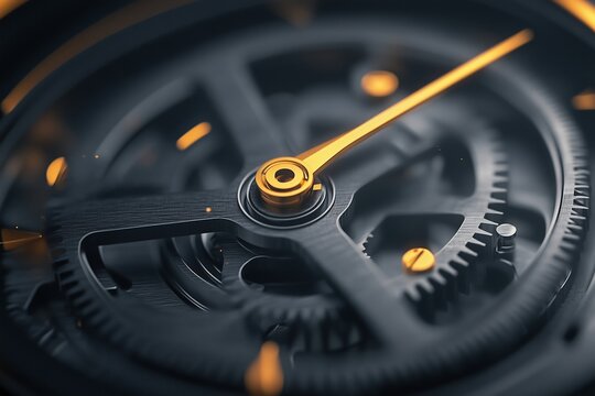 Macro shot of a watch mechanism with orange accents. timekeeping and mechanical precision