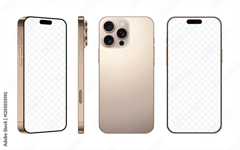 Poster new frameless smartphone titabium desert color with black screen, front back and side view, isolated