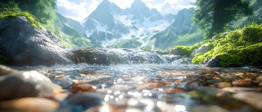 A tranquil stream flows over smooth pebbles in a vibrant green landscape, with majestic mountains in the background under a bright, sunny sky.