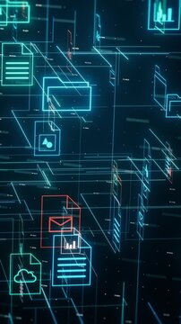 abstract complex grid with file and folder icons, futuristic document management system, concept of digital data organization (3d render) vertical video