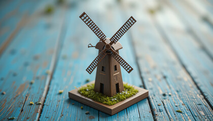 Small windmill model on a blue wooden surface