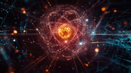 Obraz premium A glowing atomic structure with a central nucleus surrounded by orbiting electrons. The atom is shown against a dark background with a network of lines and dots.