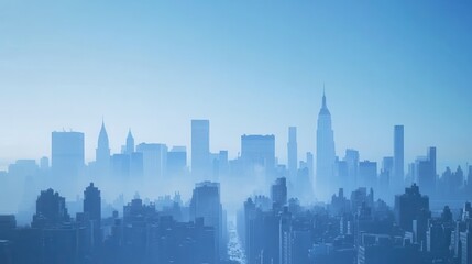 Naklejka premium Minimalist New York city skyline silhouette in blue and white, featuring iconic landmarks for commercial use.