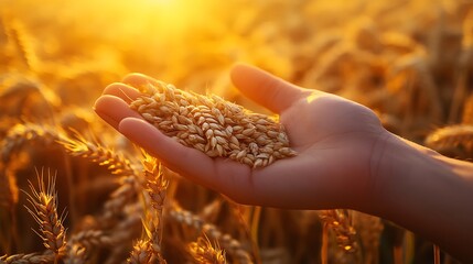 A farmer hand holding wheat grains in the golden color