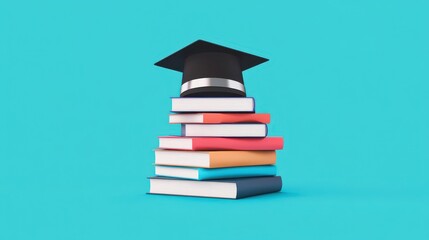 A graduation cap is placed on a stack of assorted books in various colors, creating a symbolic representation of education and achievement on a bright blue backdrop