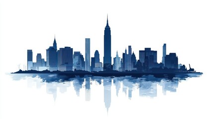 Obraz premium Minimalist New York city skyline silhouette in blue and white, featuring iconic landmarks for commercial use.