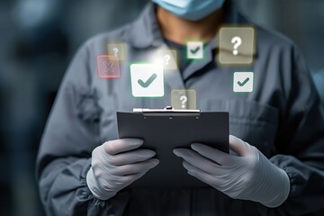Scientist holding clipboard with glowing checkmarks and question marks overlay. technology and innovation in scientific research. checklist concept