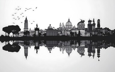 Fototapeta premium Rome Skyline Silhouette Reflection, Cityscape, Calm Background, Graphic Design, Decorative