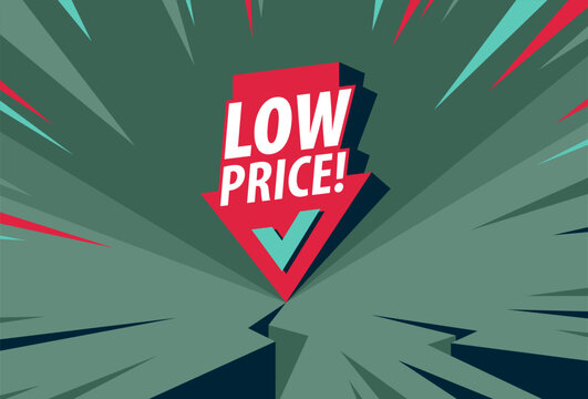 Low price concept poster, arrow down with coin stack vector icon style illustration, e-commerce sale, cheap prices shopping, buy by discount.