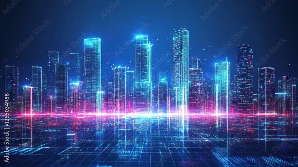 Poster Futuristic cityscape featuring tall skyscrapers illuminated with neon lights and advanced technology at night. Generative AI
