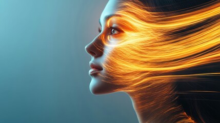 A woman with glowing light trails flowing from her face symbolizes the ethereal connection between thought and energy representing the fluid nature of ideas in a cosmic context